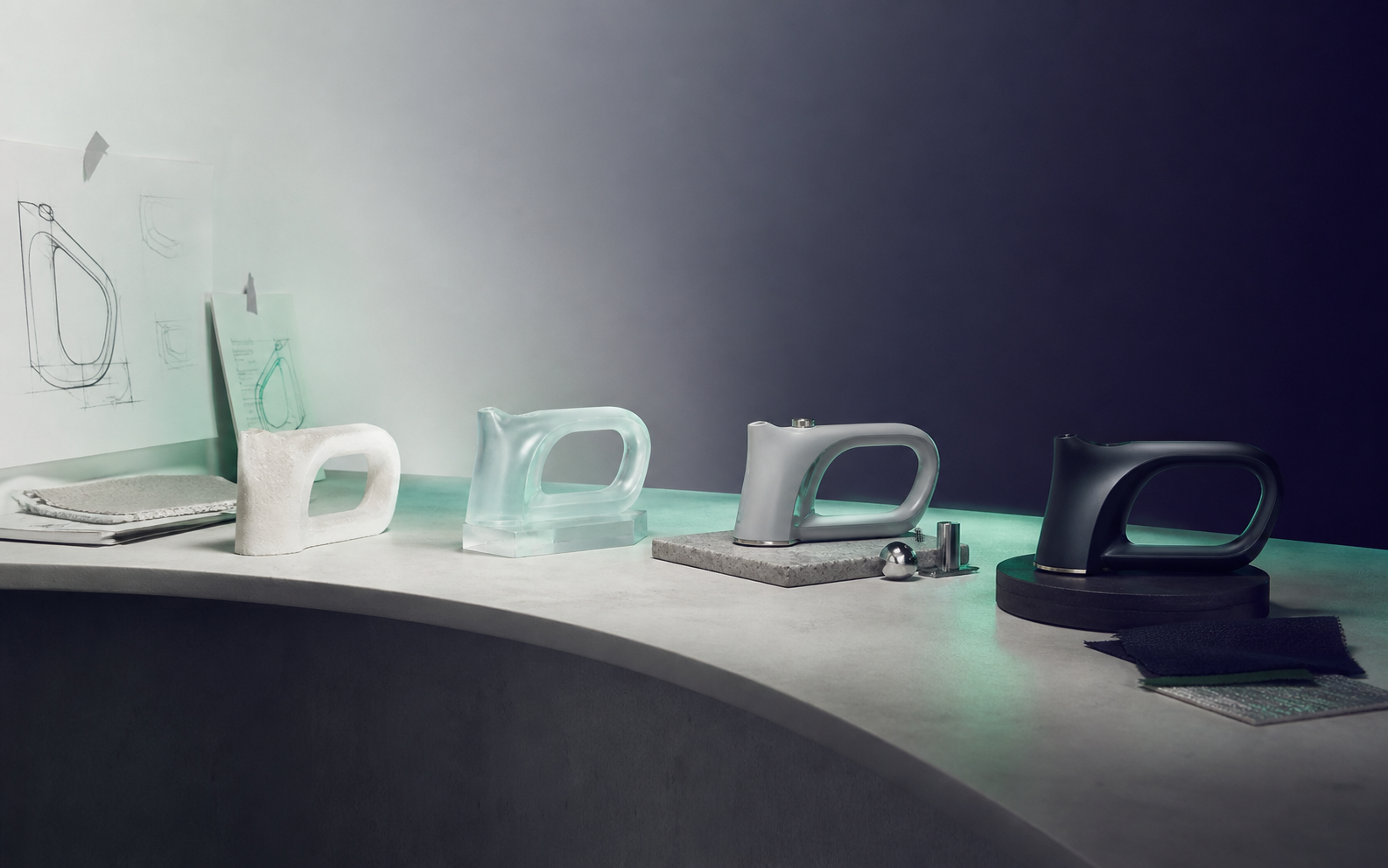 Four product development stages from sketch and foam model to production product