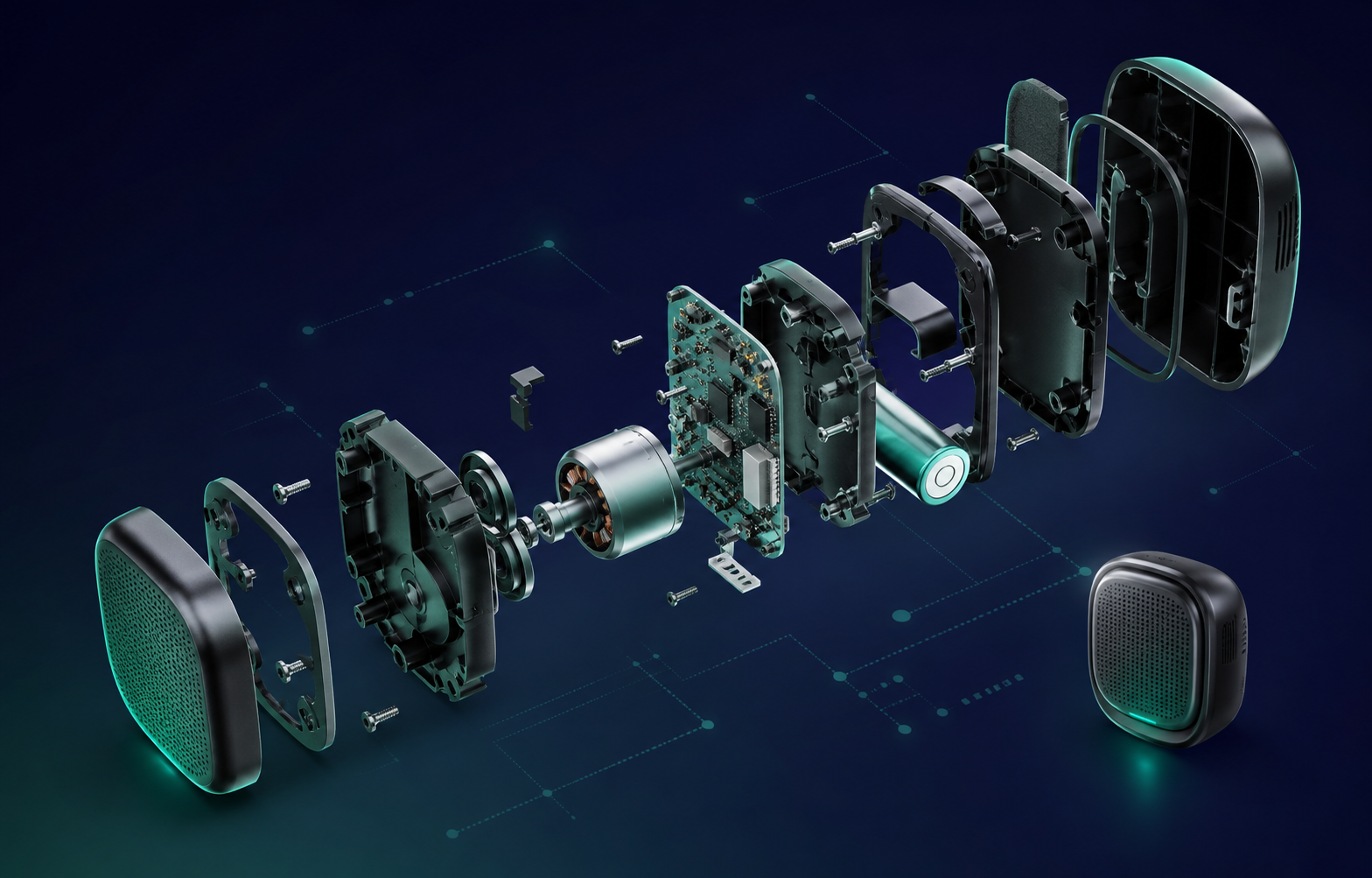 Exploded view of an electromechanical product showing integrated components