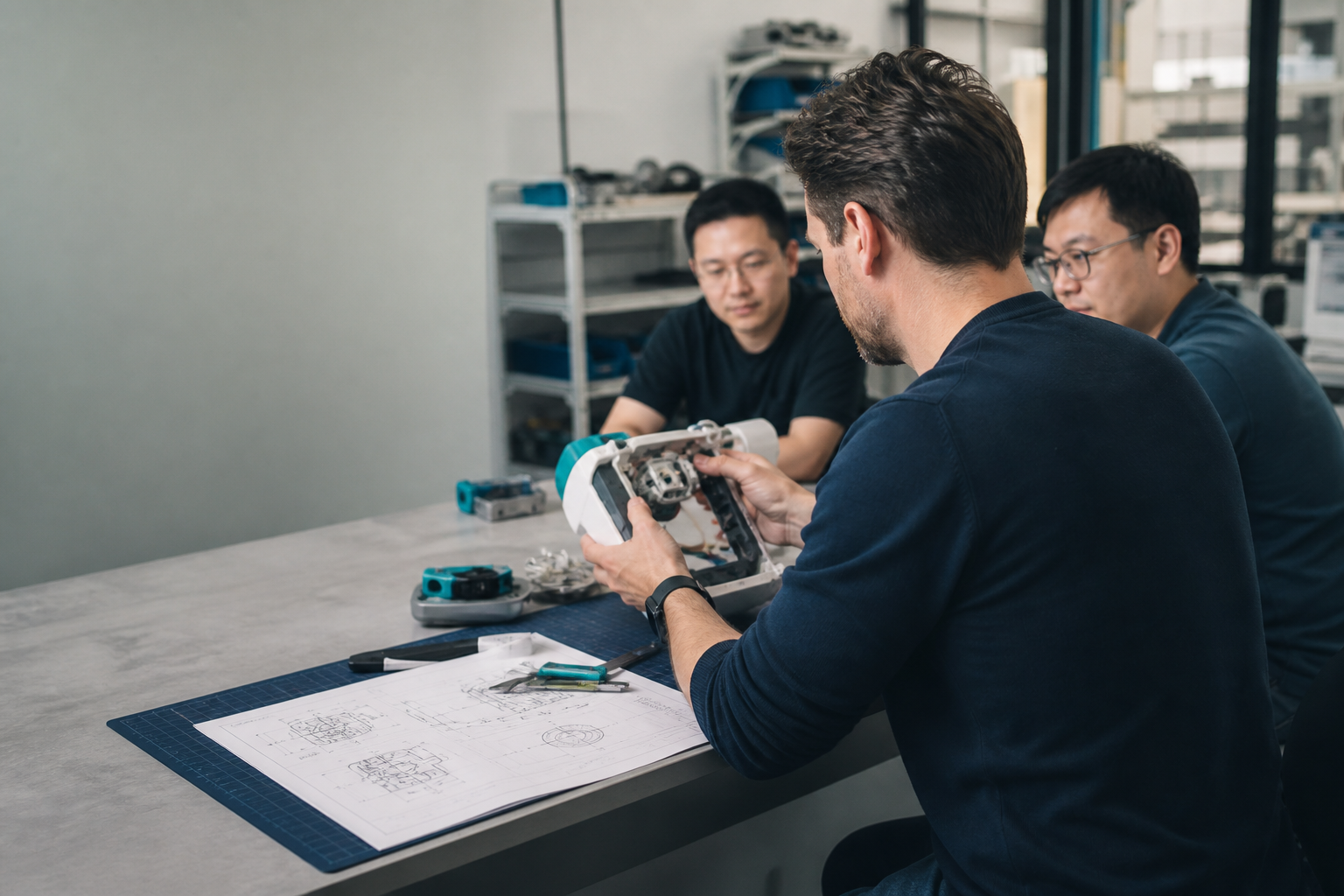 Founder reviewing a physical product prototype with the engineering team